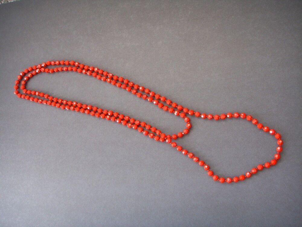 Extra long 65" Red Beaded Necklace Acrylic Faceted Beads Layered Flapper